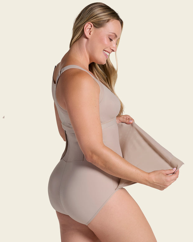 High-waisted firm compression postpartum panty with adjustable belly wrap