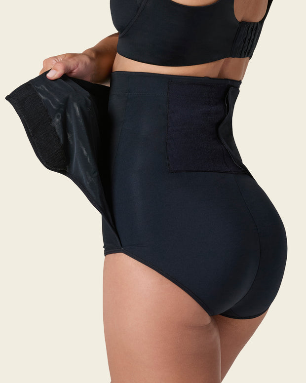 High-waisted firm compression postpartum panty with adjustable belly wrap